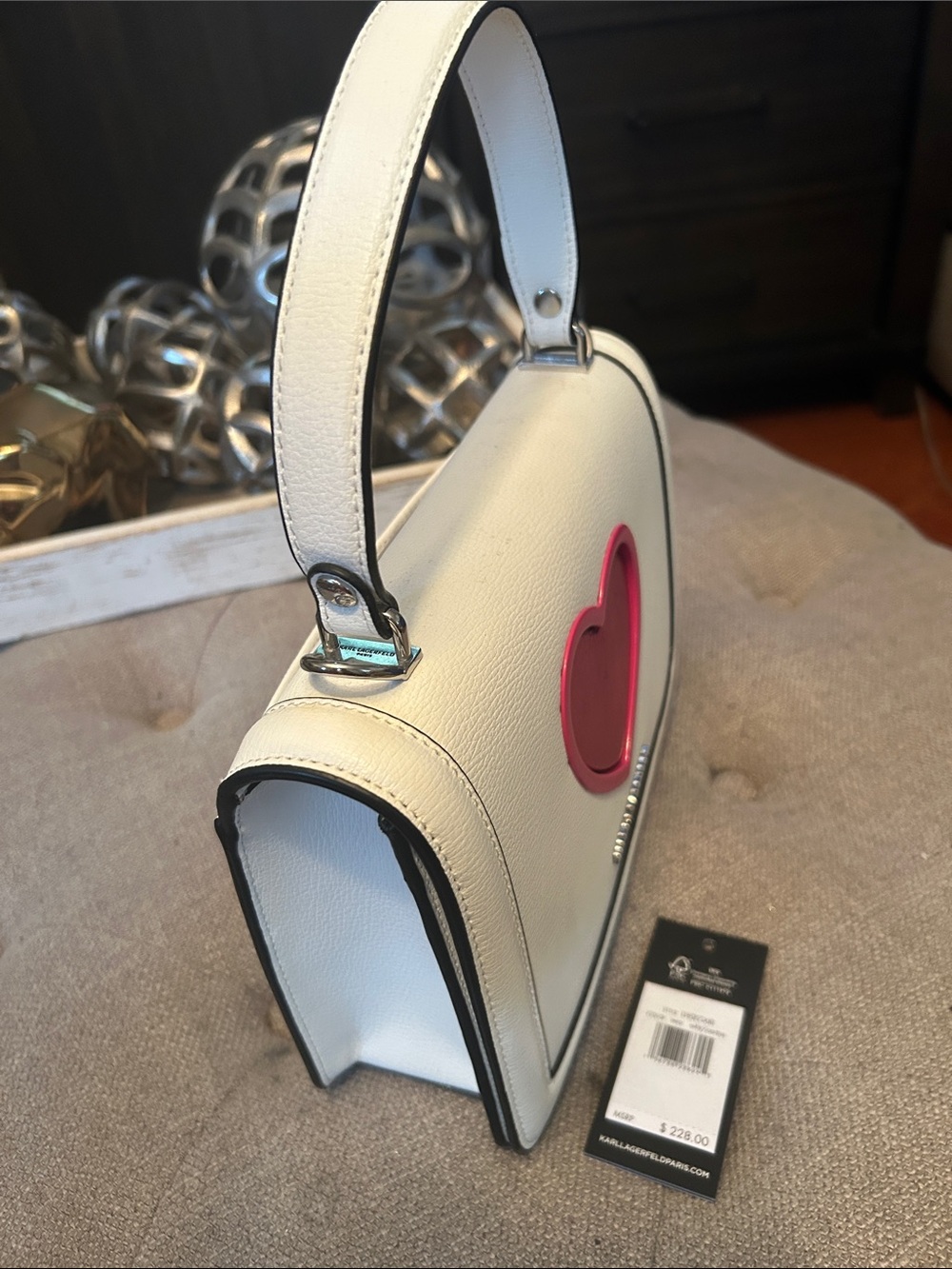 KARL LAGERFELD PARIS Simone Heart Flap Leather Bag - White/Cactus Pink Crossbody - Picture 3 of 11